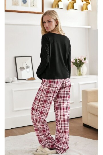 Ekose Desen Ayıcık Baskılı Uzun Kol Pijama Takımı