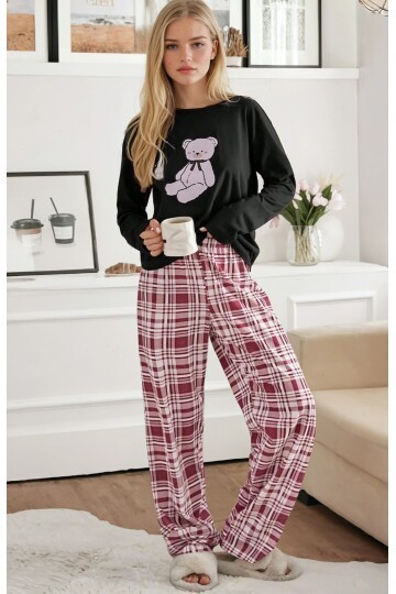 Ekose Desen Ayıcık Baskılı Uzun Kol Pijama Takımı