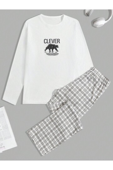 Erkek Uzun Kollu Baskılı Pijama Takımı Ekose Pantolonlu Beyaz