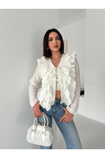 Fırfırlı Bağcıklı Bluz Ekru