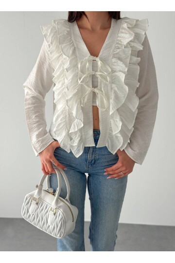 Fırfırlı Bağcıklı Bluz Ekru