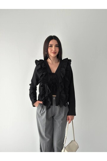 Fırfırlı Bağcıklı Bluz Siyah