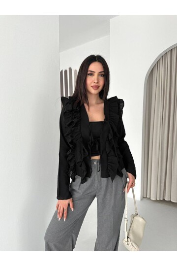 Fırfırlı Bağcıklı Bluz Siyah