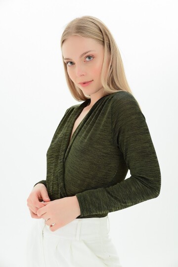 Flamlı Kruvaze Uzun Kol Zıbın Bluz Haki