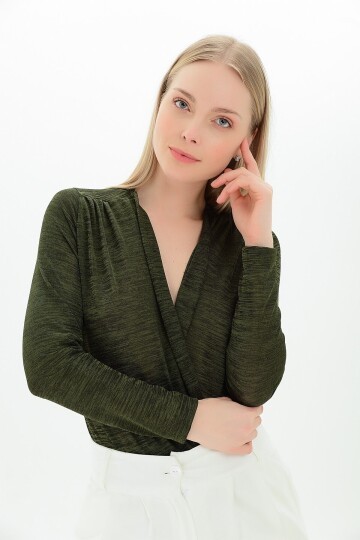 Flamlı Kruvaze Uzun Kol Zıbın Bluz Haki