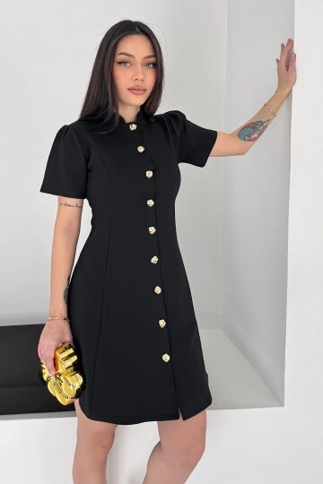 Kadın Düğme Detay Siyah Elbise