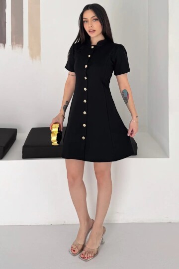Kadın Düğme Detay Siyah Elbise