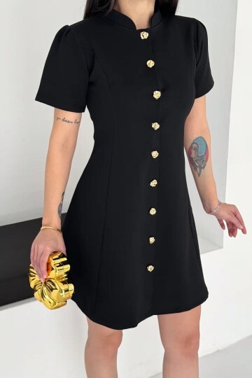Kadın Düğme Detay Siyah Elbise