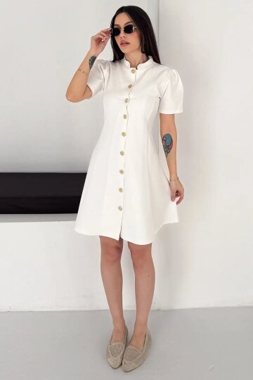 Kadın Beyaz Düğme Detay Mini Elbise