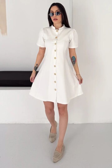 Kadın Beyaz Düğme Detay Mini Elbise