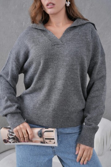 Kadın Antrasit Polo Yaka Oversize Yarım Pat Yumuşak Dokulu Triko Kazak