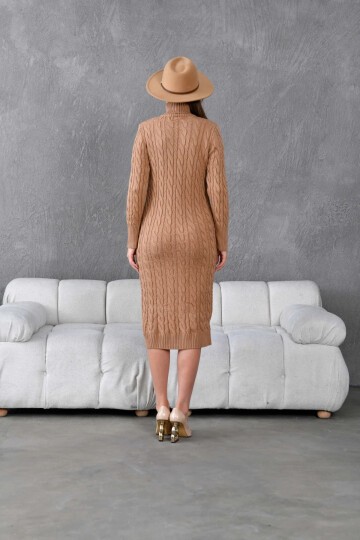 Kadın Balıkçı Yaka Örgü Detay Kışlık Triko Elbise