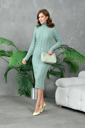 Kadın Balıkçı Yaka Örgü Detay Kışlık Triko Elbise
