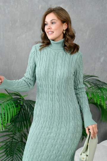 Kadın Balıkçı Yaka Örgü Detay Kışlık Triko Elbise