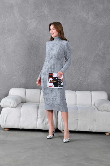 Kadın Balıkçı Yaka Örgü Detay Kışlık Triko Elbise