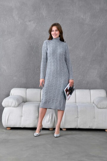 Kadın Balıkçı Yaka Örgü Detay Kışlık Triko Elbise