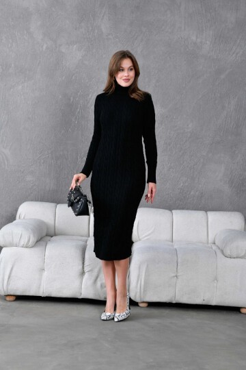 Kadın Balıkçı Yaka Örgü Detay Kışlık Triko Elbise