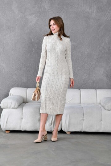 Kadın Balıkçı Yaka Örgü Detay Kışlık Triko Elbise