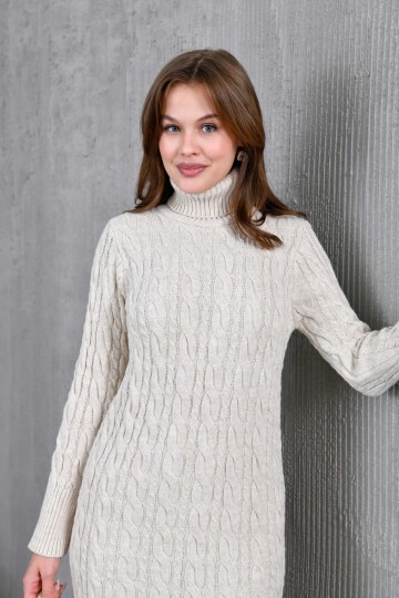 Kadın Balıkçı Yaka Örgü Detay Kışlık Triko Elbise