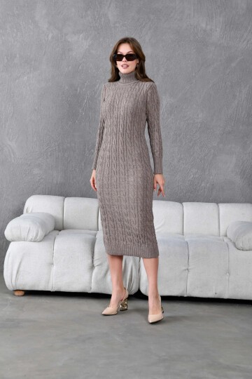 Kadın Balıkçı Yaka Örgü Detay Kışlık Triko Elbise