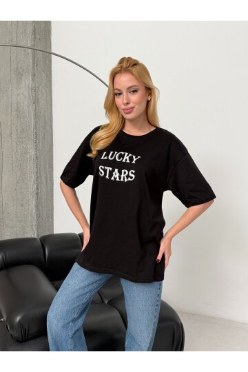 Kadın Baskılı Oversize T-Shirt Siyah