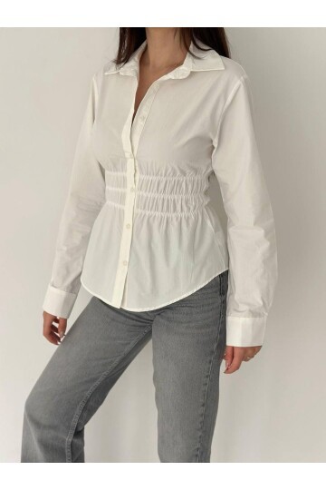 Kadın Bel Büzgülü Uzun Kollu Beyaz Gömlek