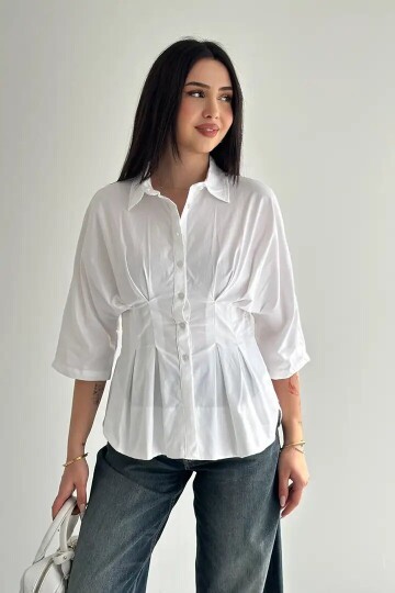Kadın Bel Formlu Gömlek – Düğmeli Yarım Kol Şık Gömlek Beyaz