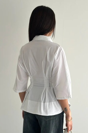 Kadın Bel Formlu Gömlek – Düğmeli Yarım Kol Şık Gömlek Beyaz