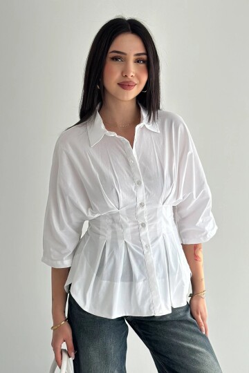 Kadın Bel Formlu Gömlek – Düğmeli Yarım Kol Şık Gömlek Beyaz