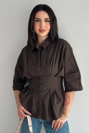 Kadın Bel Formlu Gömlek – Düğmeli Yarım Kol Şık Gömlek Kahverengi