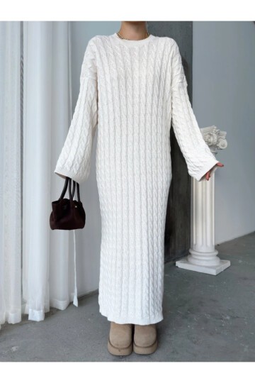 Kadın Beyaz Bisiklet Yaka Saç Örgülü Kadın Triko Midi Elbise