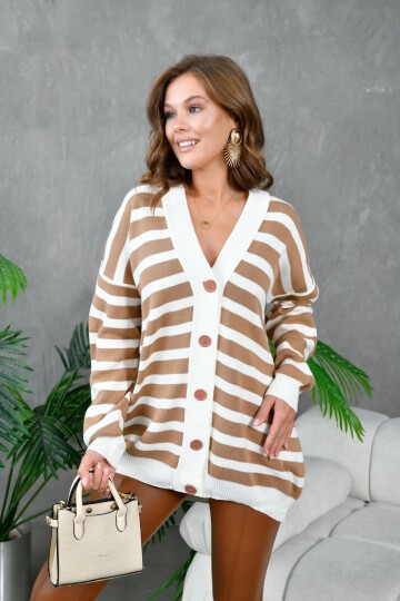 Kadın Bilek Etek Ve Banları Fitilli Çizgi desenli Triko Hırka