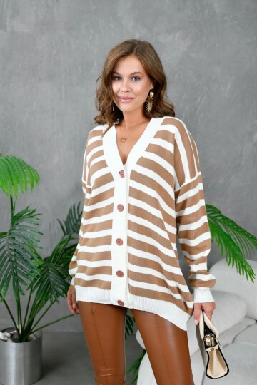 Kadın Bilek Etek Ve Banları Fitilli Çizgi desenli Triko Hırka