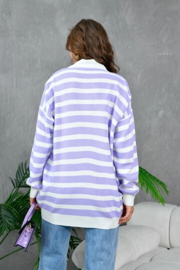 Kadın Bilek Etek Ve Banları Fitilli Çizgi desenli Triko Hırka