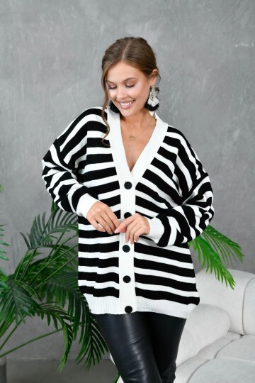 Kadın Bilek Etek Ve Banları Fitilli Çizgi desenli Triko Hırka