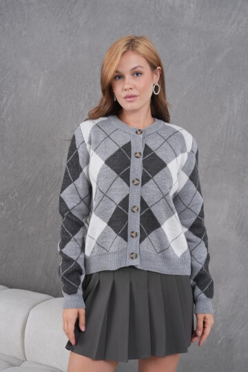 Kadın Bisiklet Yaka Baklava Desenli Düğme Kapama Triko Hırka Ceket