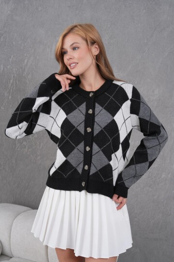 Kadın Bisiklet Yaka Baklava Desenli Düğme Kapama Triko Hırka Ceket