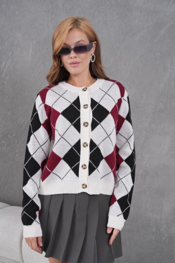 Kadın Bisiklet Yaka Baklava Desenli Düğme Kapama Triko Hırka Ceket