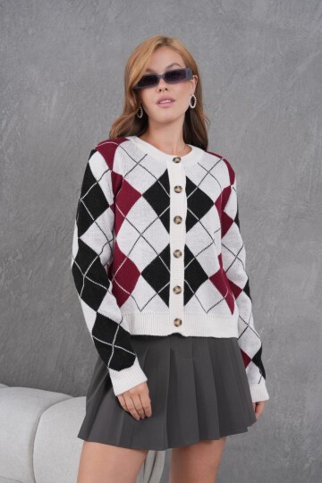 Kadın Bisiklet Yaka Baklava Desenli Düğme Kapama Triko Hırka Ceket