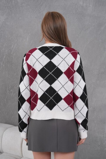 Kadın Bisiklet Yaka Baklava Desenli Düğme Kapama Triko Hırka Ceket