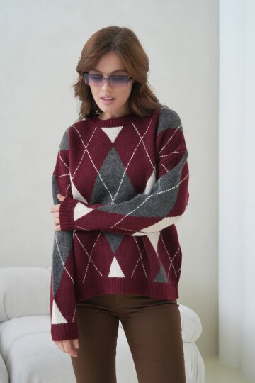 Kadın Bisiklet Yaka Baklava Desenli Triko Kazak