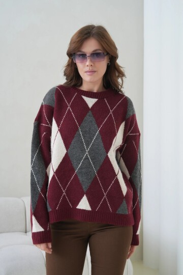 Kadın Bisiklet Yaka Baklava Desenli Triko Kazak