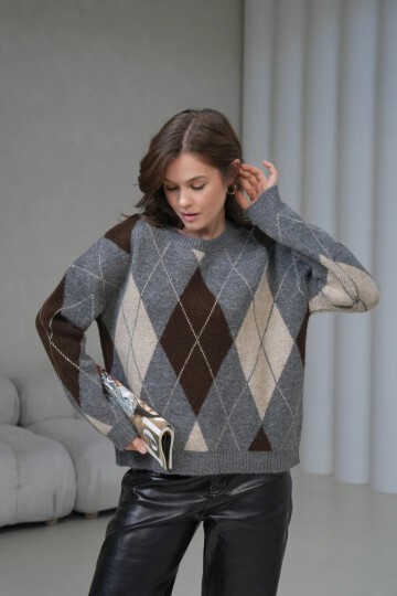 Kadın Bisiklet Yaka Baklava Desenli Triko Kazak