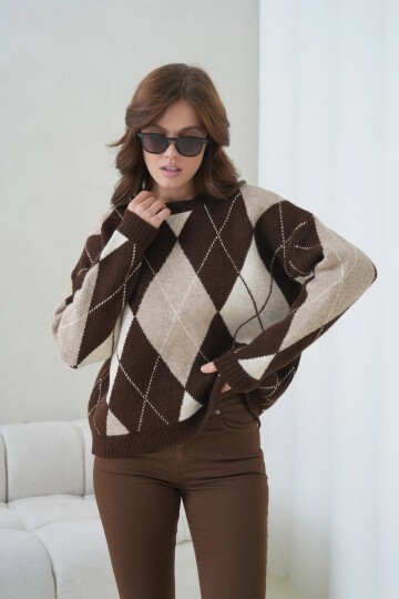 Kadın Bisiklet Yaka Baklava Desenli Triko Kazak