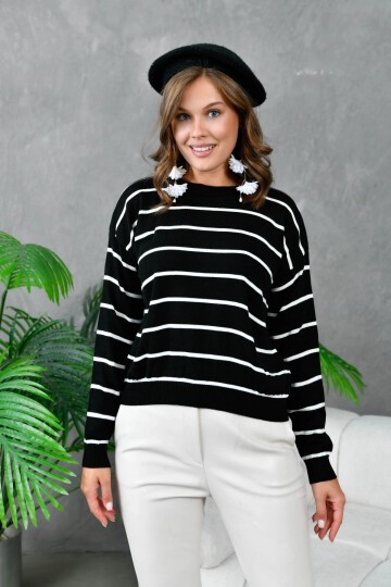 Kadın Bisiklet Yaka Çizgili Triko Kazak