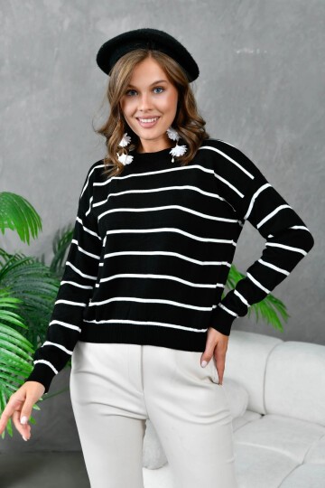 Kadın Bisiklet Yaka Çizgili Triko Kazak