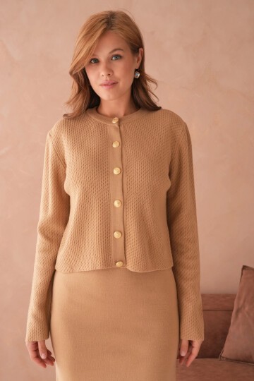 Kadın Bisiklet Yaka Düğme Detay Dokulu Ceket Elbise İkili Triko Takım