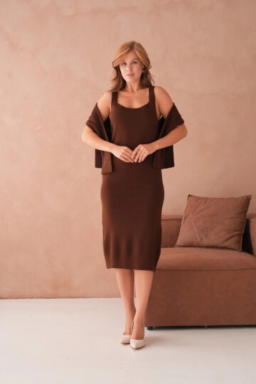 Kadın Bisiklet Yaka Düğme Detay Dokulu Ceket Elbise İkili Triko Takım