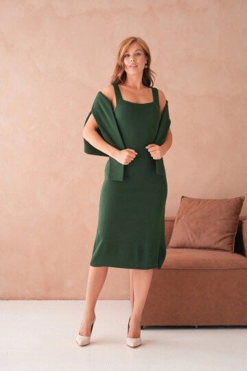 Kadın Bisiklet Yaka Düğme Detay Dokulu Ceket Elbise İkili Triko Takım