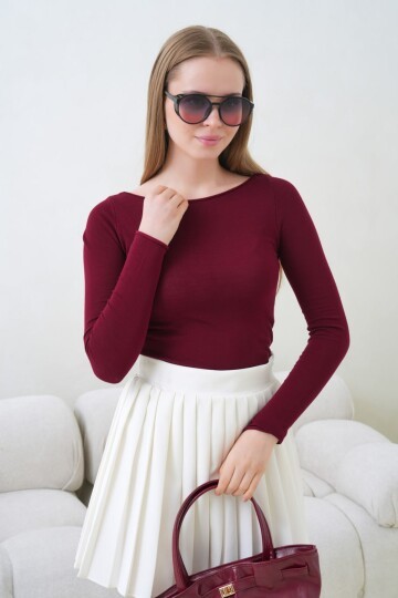 Kadın Bisiklet Yaka Uzun Kollu Basic Bluz Bordo